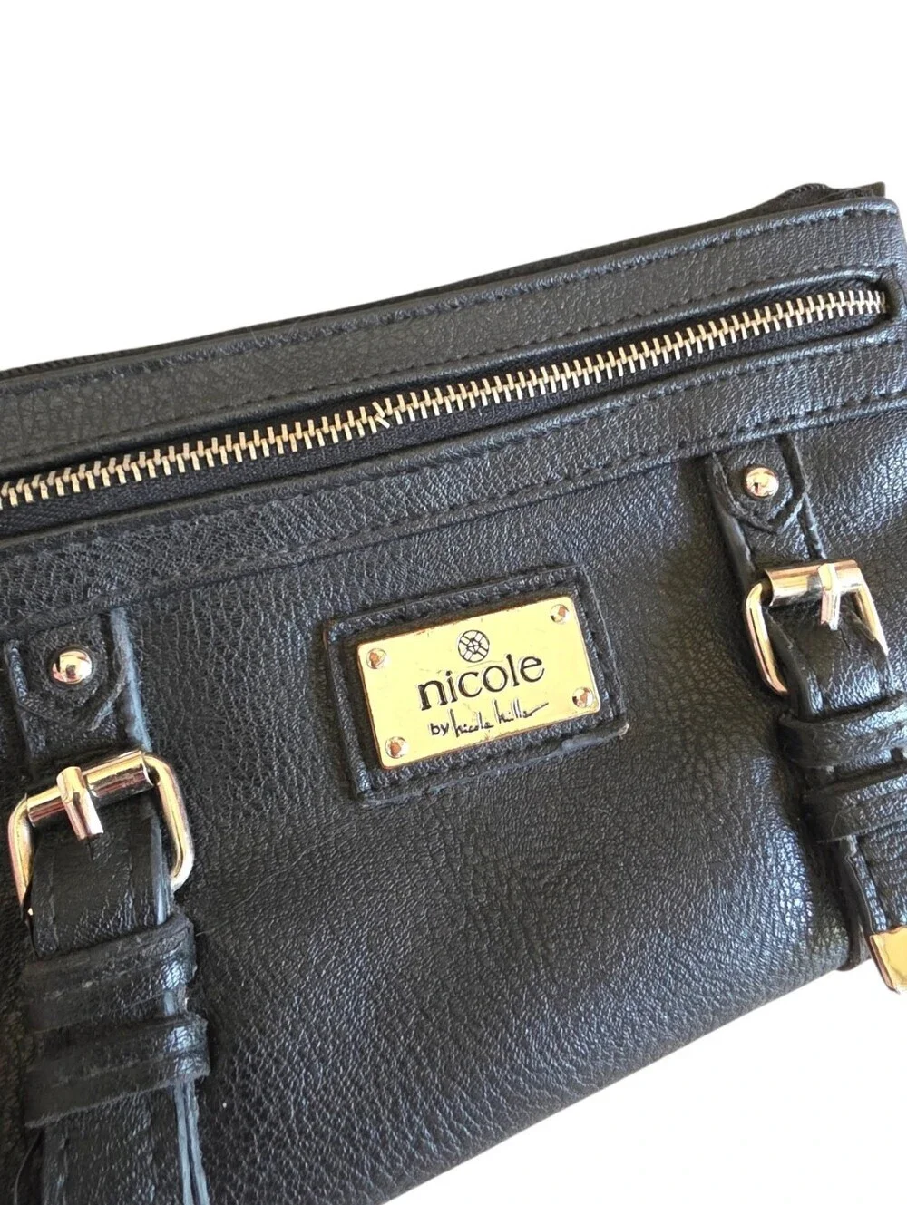 Nicole by Nicole Miller Black Mini Shoulder Bag Y2K Moto Buckle Wristlet